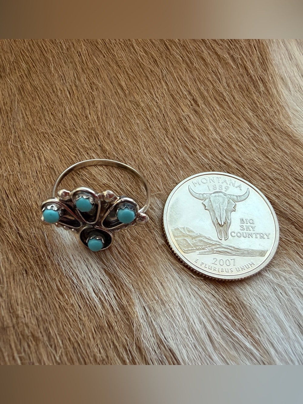 ❤️ Navajo Kingman Turquoise Sterling 4 Stone Sz 7 Fan Shape Native American Ring - Picture 8 of 15